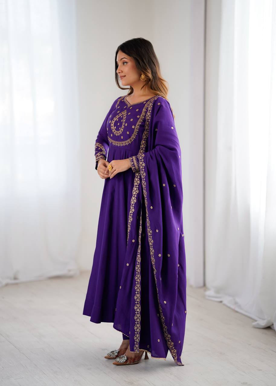 Purple Designer Heavy Pure Roman Chanderi Silk 16 Kali Anarkali Gown Set with Beads Handwork, 4-Meter Flare, Churidar Sleeves & Fancy Dupatta