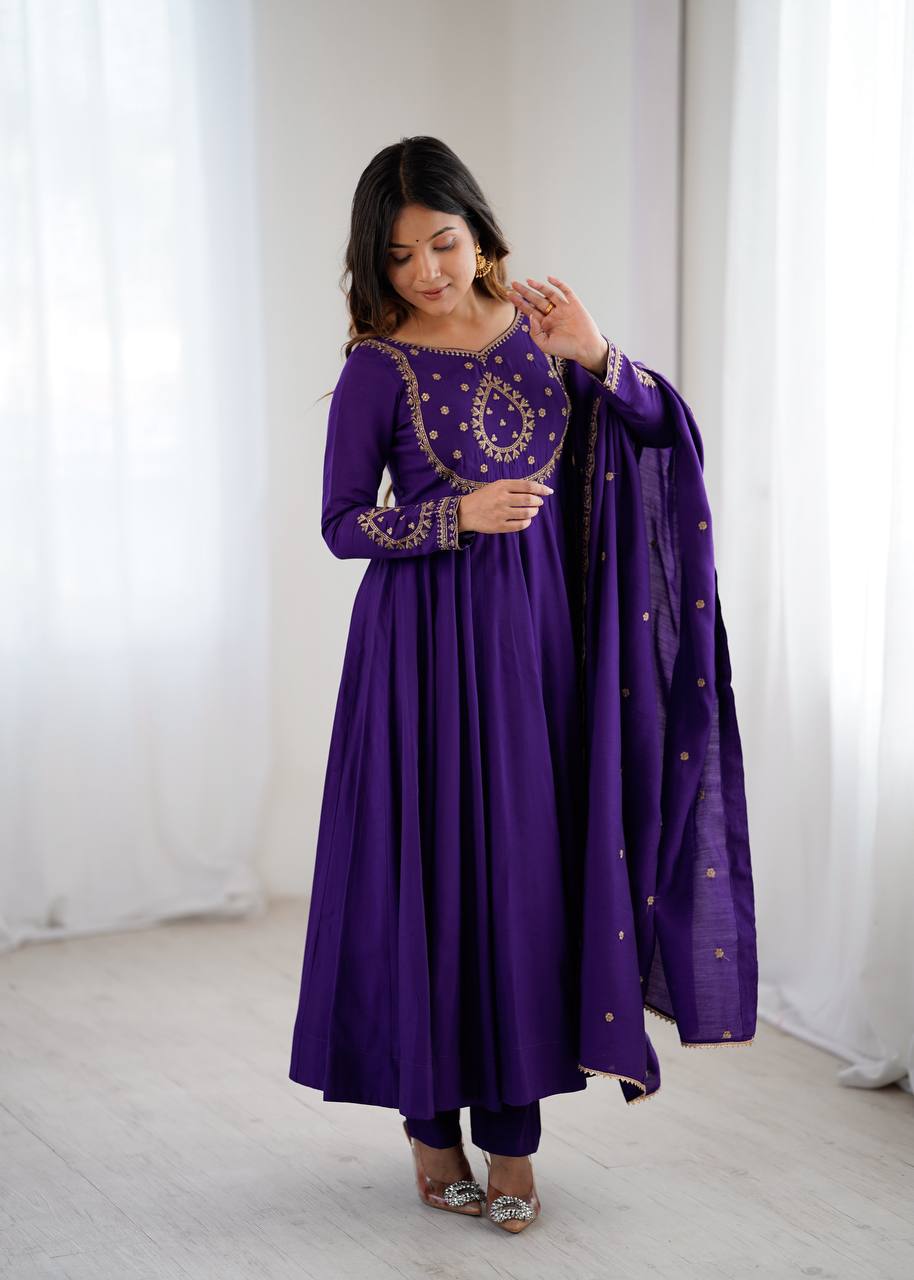 Purple Designer Heavy Pure Roman Chanderi Silk 16 Kali Anarkali Gown Set with Beads Handwork, 4-Meter Flare, Churidar Sleeves & Fancy Dupatta