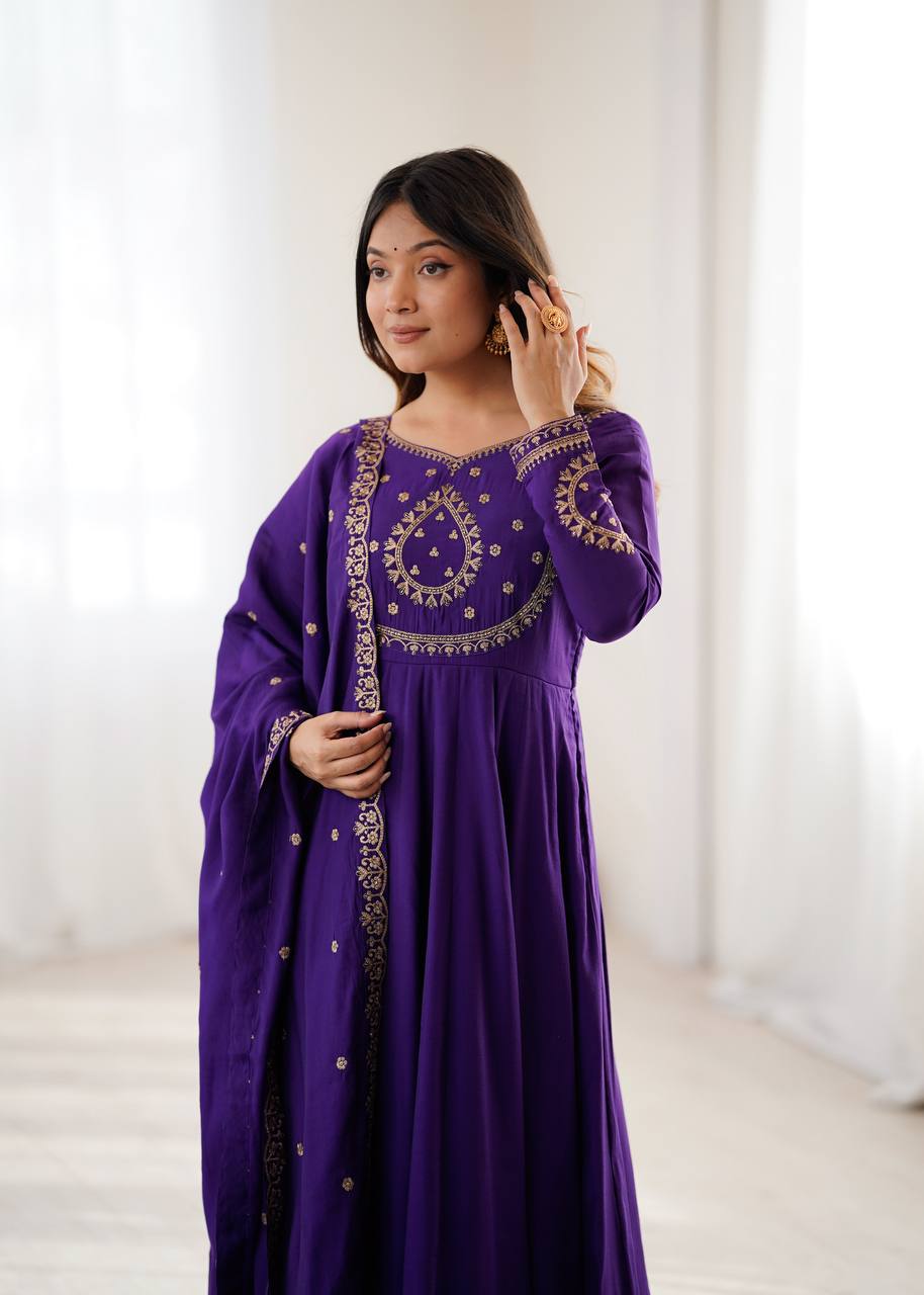 Purple Designer Heavy Pure Roman Chanderi Silk 16 Kali Anarkali Gown Set with Beads Handwork, 4-Meter Flare, Churidar Sleeves & Fancy Dupatta