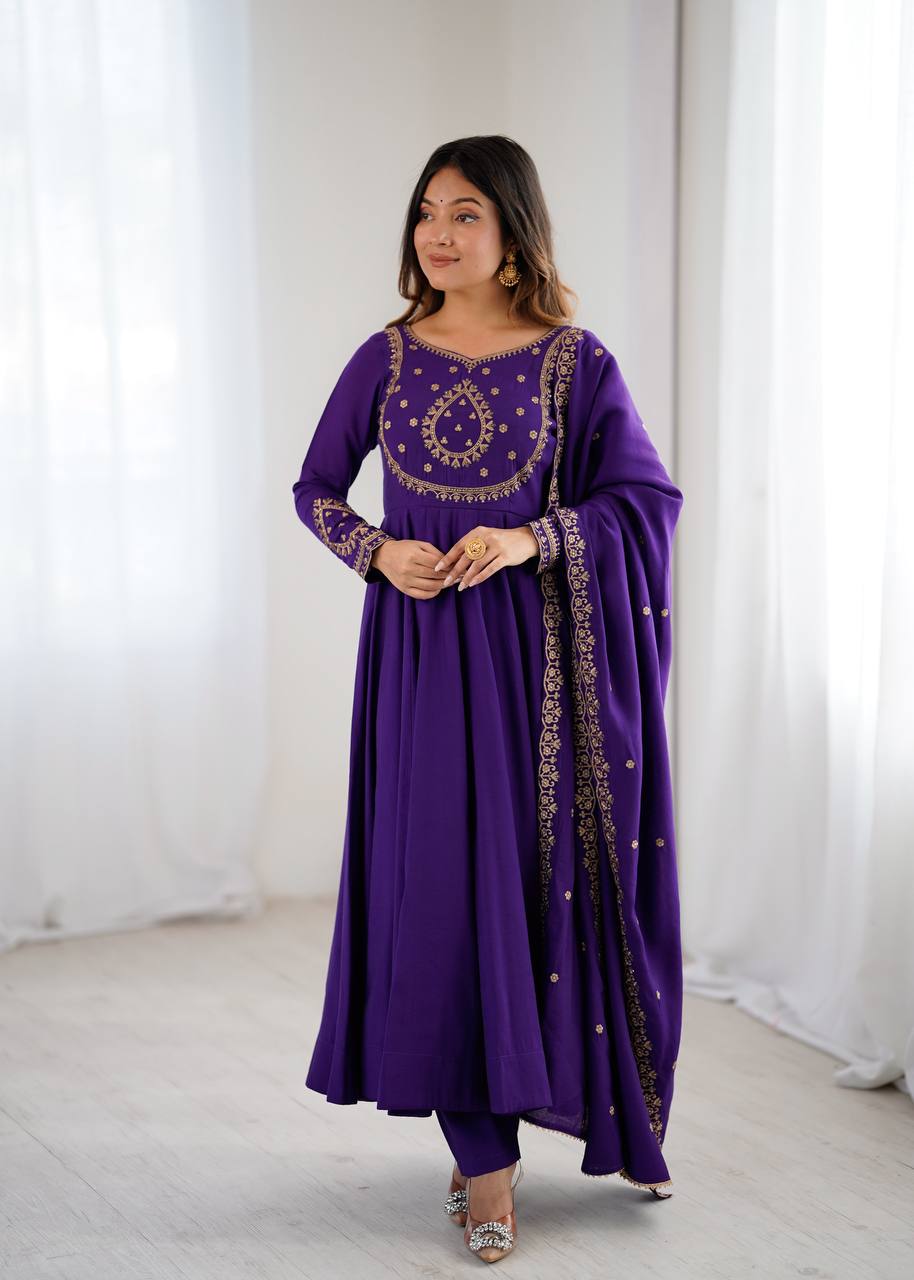 Purple Designer Heavy Pure Roman Chanderi Silk 16 Kali Anarkali Gown Set with Beads Handwork, 4-Meter Flare, Churidar Sleeves & Fancy Dupatta