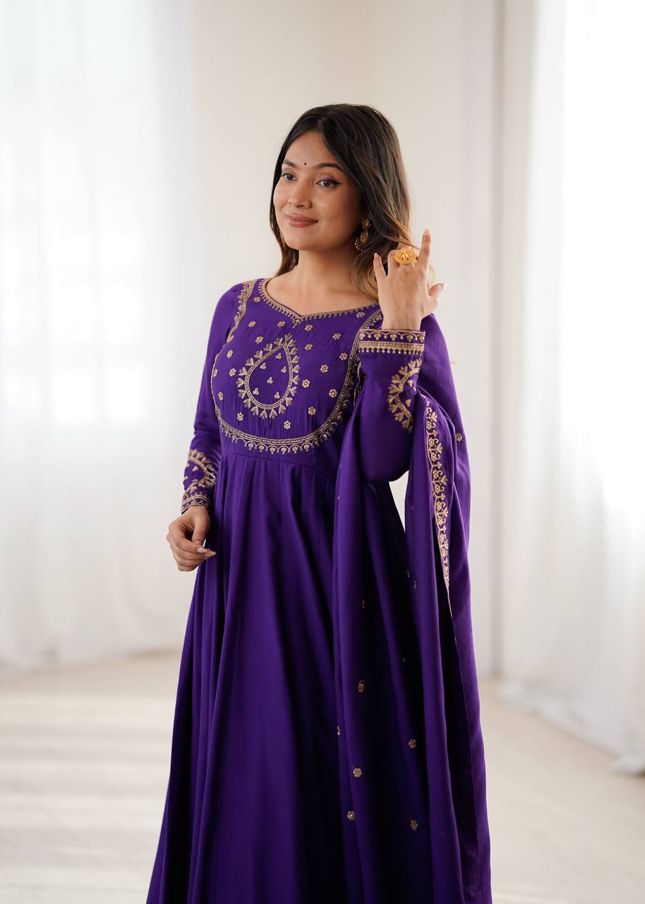Purple Designer Heavy Pure Roman Chanderi Silk 16 Kali Anarkali Gown Set with Beads Handwork, 4-Meter Flare, Churidar Sleeves & Fancy Dupatta