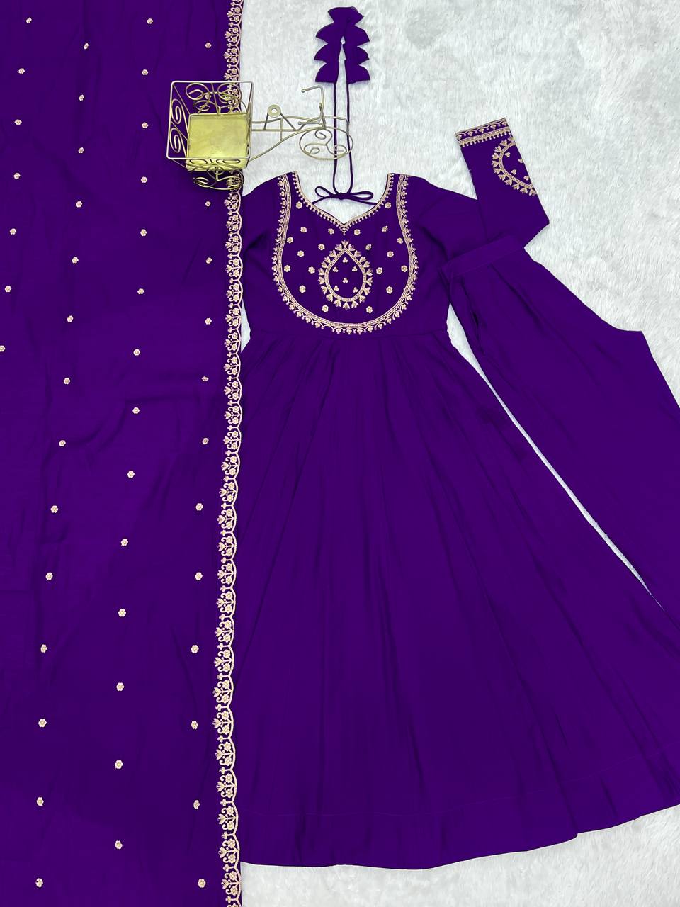 Purple Designer Heavy Pure Roman Chanderi Silk 16 Kali Anarkali Gown Set with Beads Handwork, 4-Meter Flare, Churidar Sleeves & Fancy Dupatta