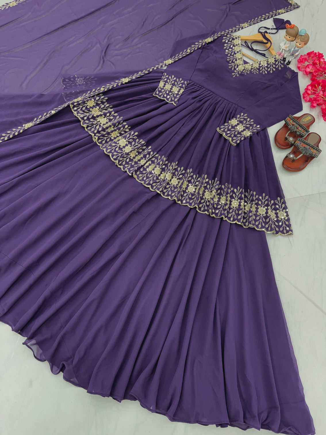 Purple Designer Party Wear Top with Lehenga & Dupatta Set - Sequin Embroidery and Tassel Accents