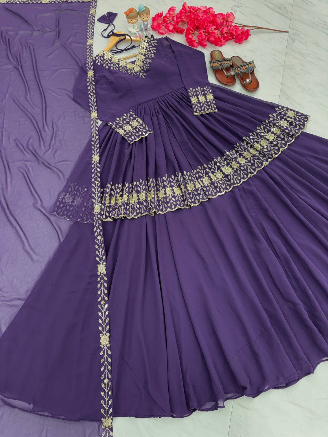 Purple Designer Party Wear Top with Lehenga & Dupatta Set - Sequin Embroidery and Tassel Accents