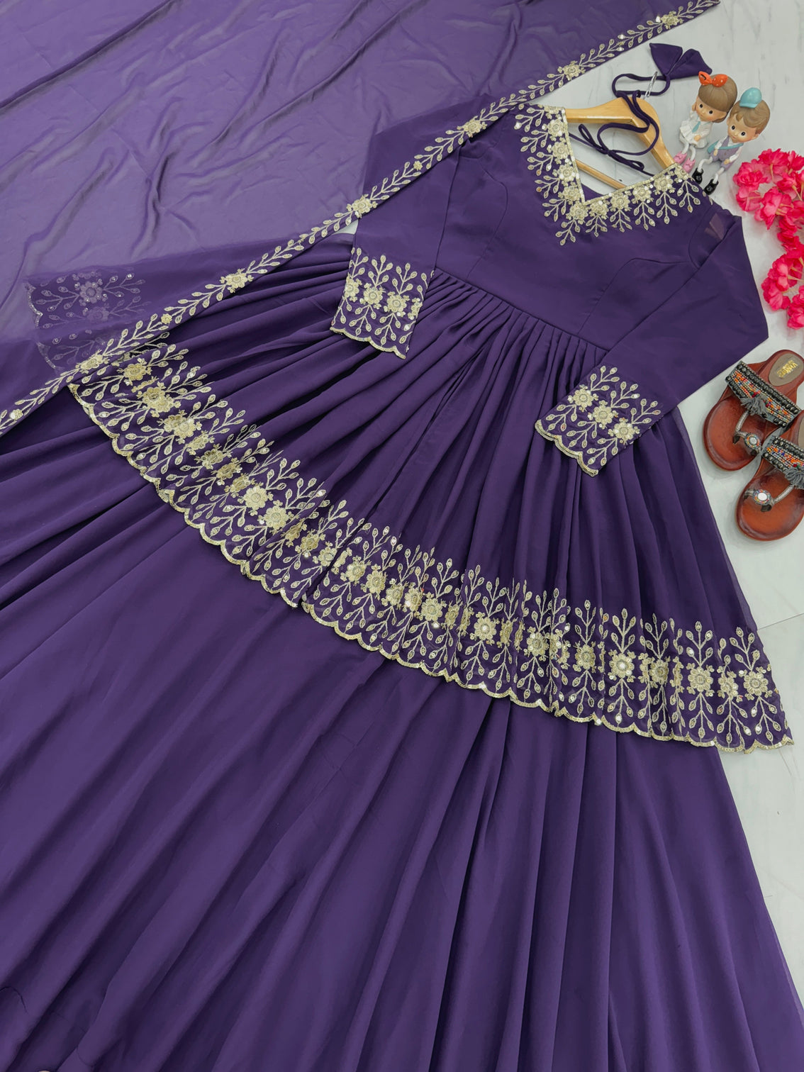 Purple Designer Party Wear Top with Lehenga & Dupatta Set - Sequin Embroidery and Tassel Accents