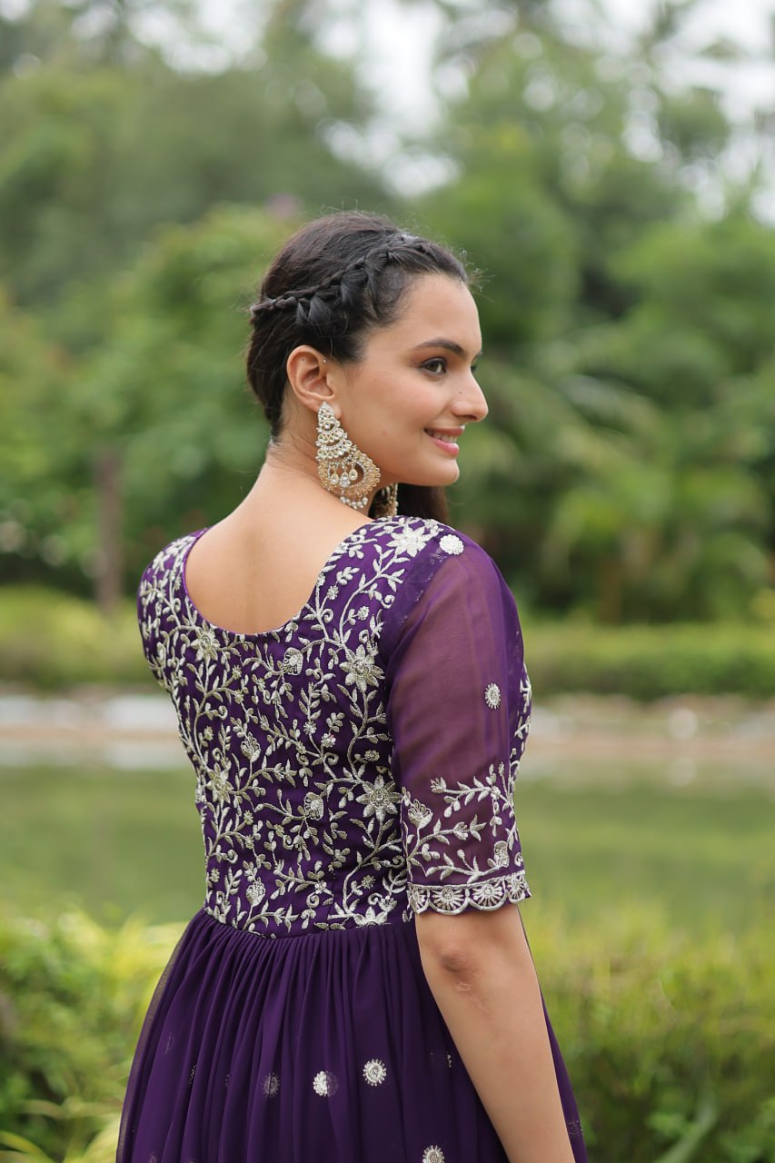 Purple Designer Readymade Gown with Zari-Thread & Sequins Embroidery