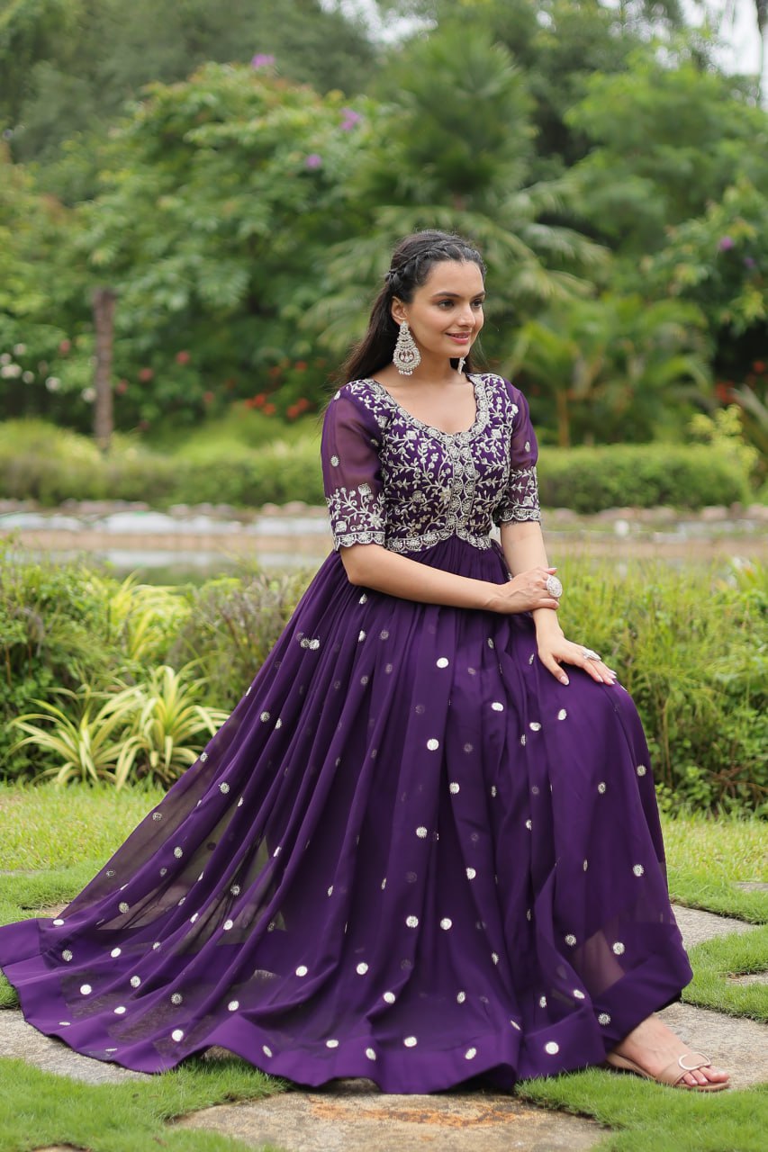 Purple Designer Readymade Gown with Zari-Thread & Sequins Embroidery