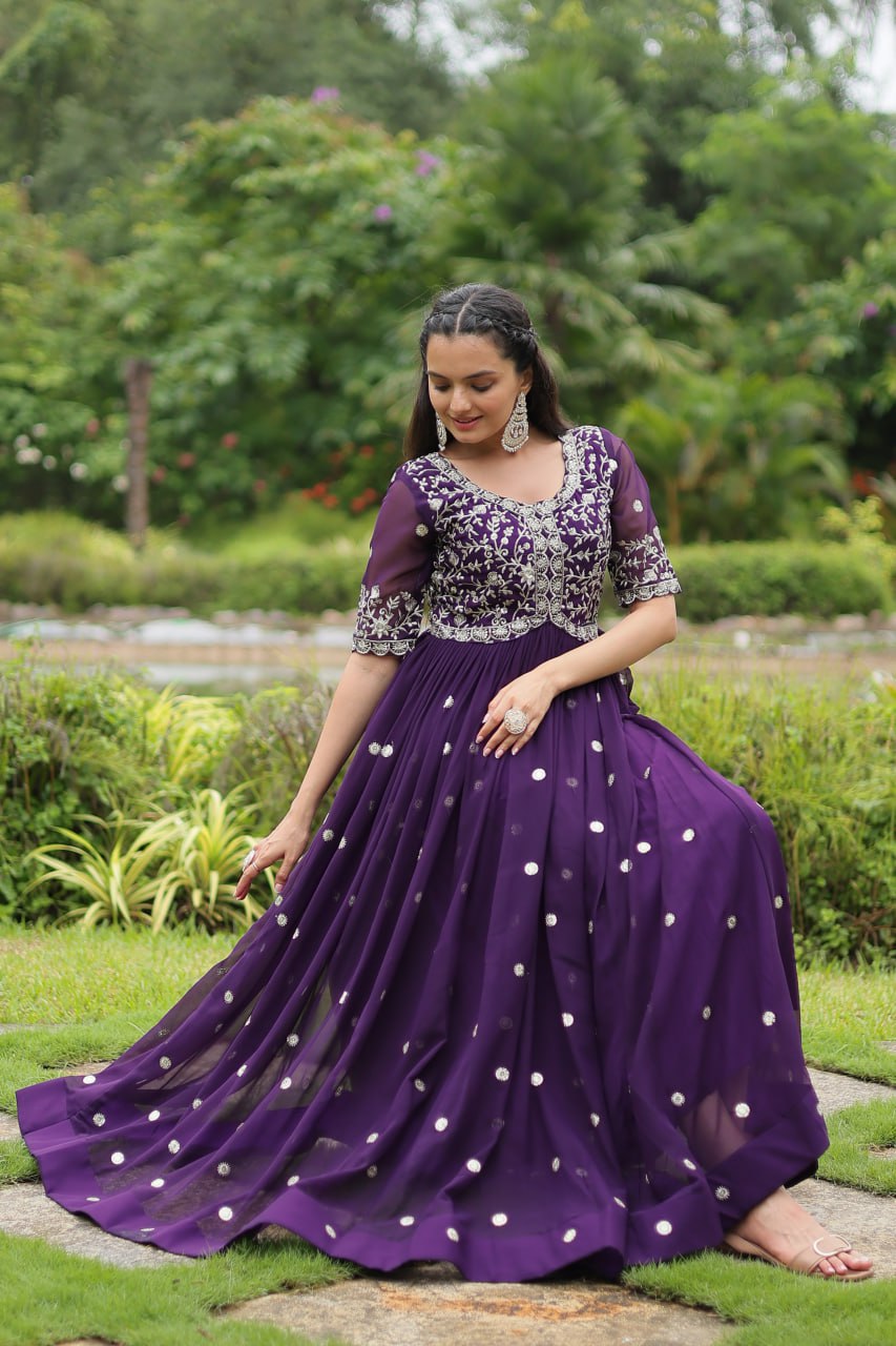 Purple Designer Readymade Gown with Zari-Thread & Sequins Embroidery