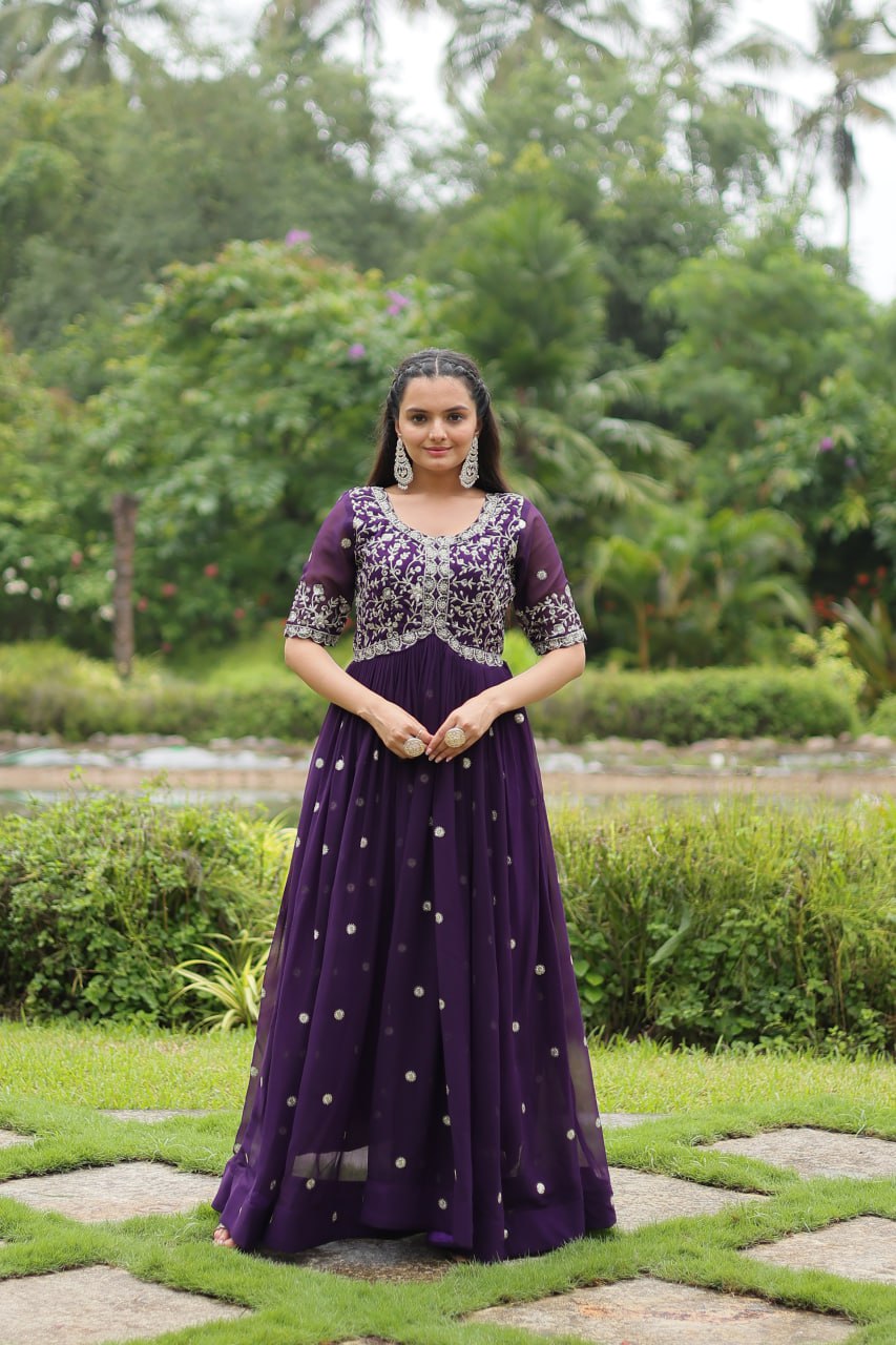 Purple Designer Readymade Gown with Zari-Thread & Sequins Embroidery