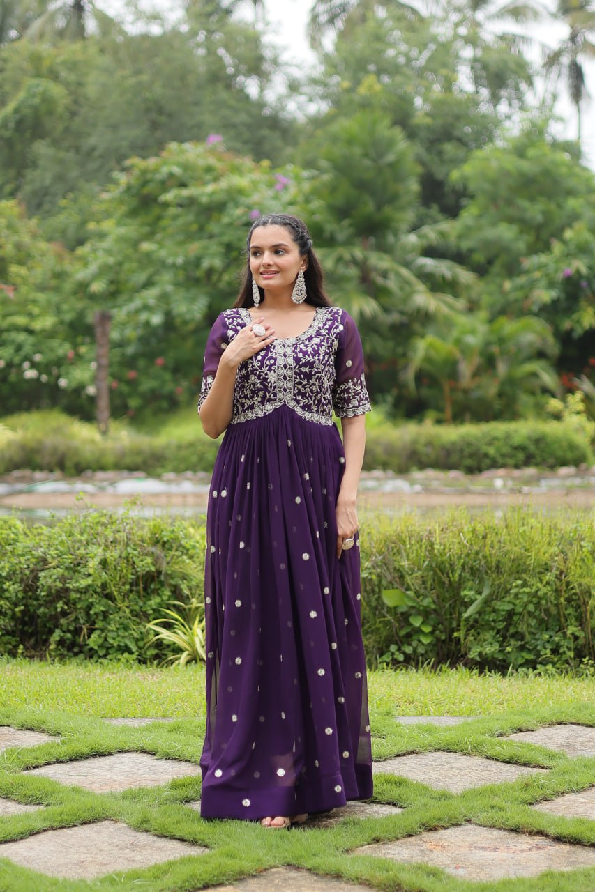 Purple Designer Readymade Gown with Zari-Thread & Sequins Embroidery