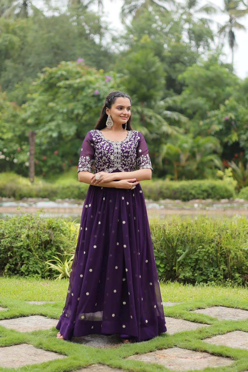 Purple Designer Readymade Gown with Zari-Thread & Sequins Embroidery