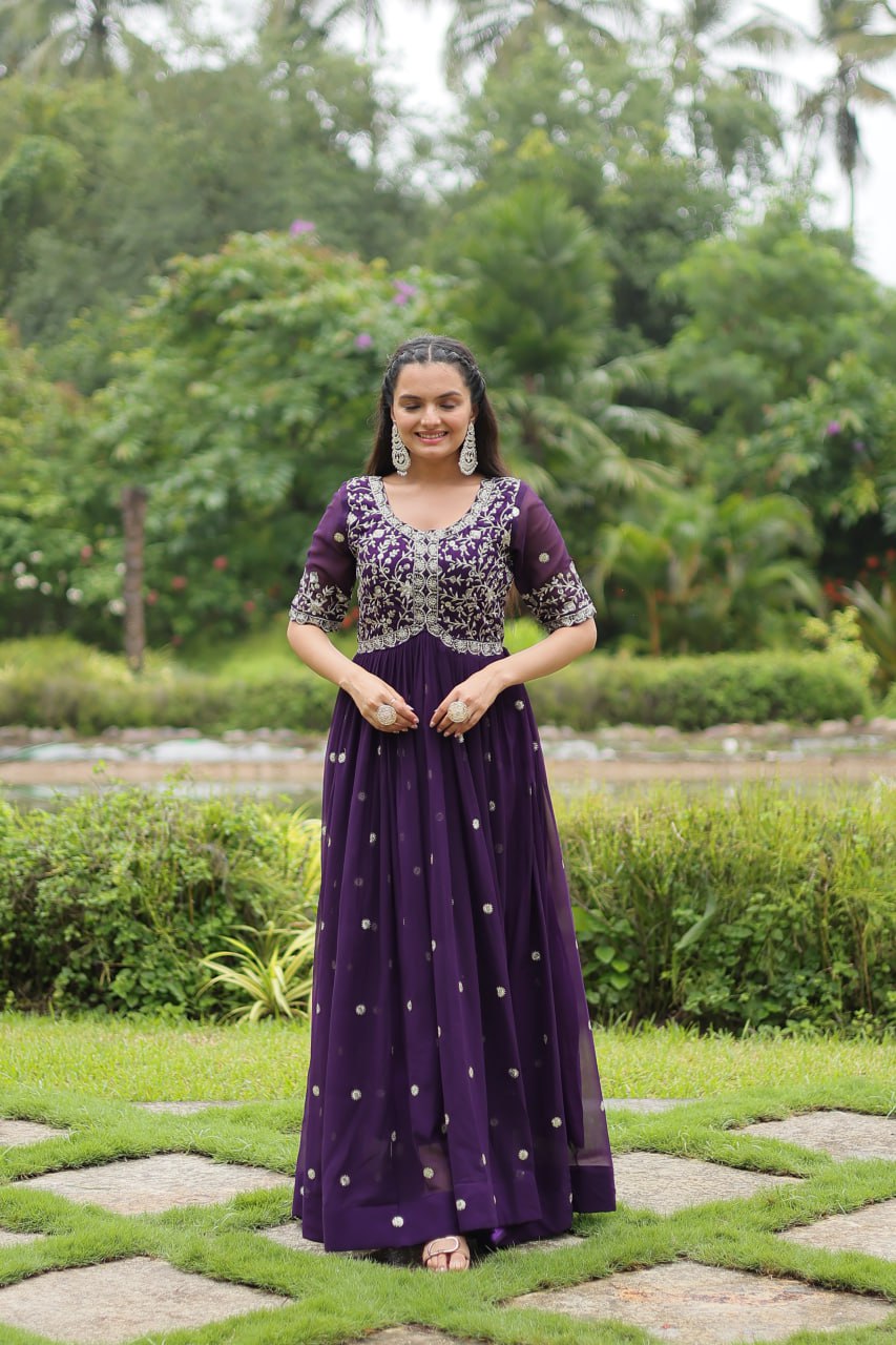 Purple Designer Readymade Gown with Zari-Thread & Sequins Embroidery