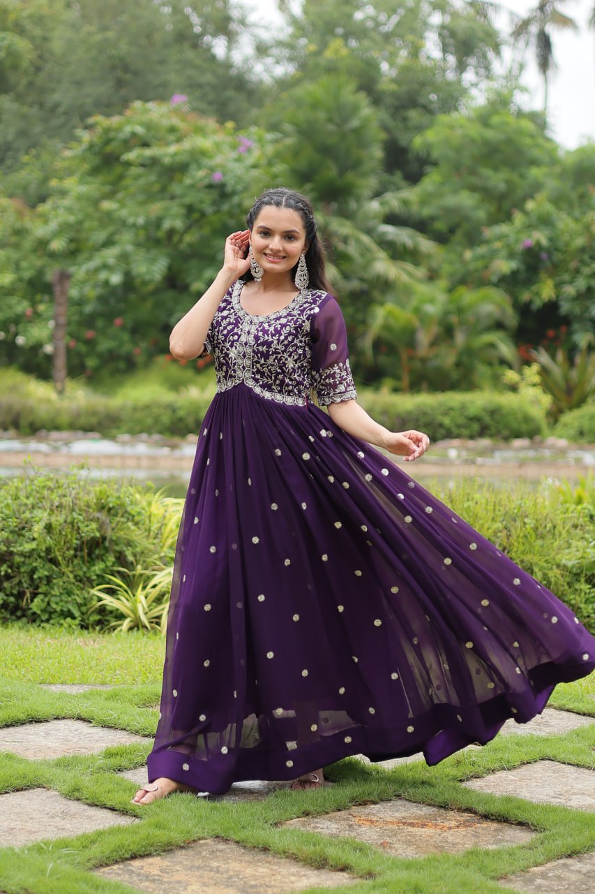 Purple Designer Readymade Gown with Zari-Thread & Sequins Embroidery