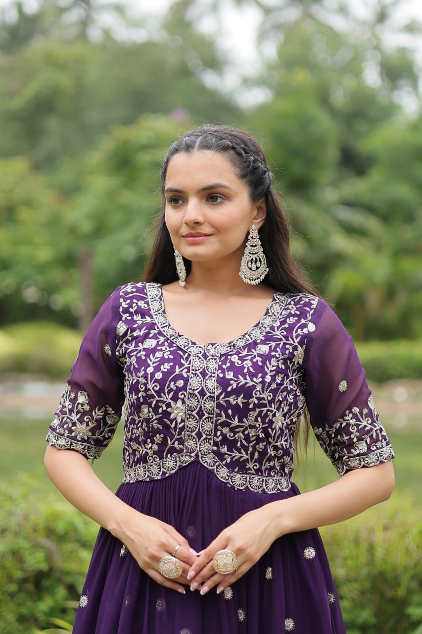 Purple Designer Readymade Gown with Zari-Thread & Sequins Embroidery