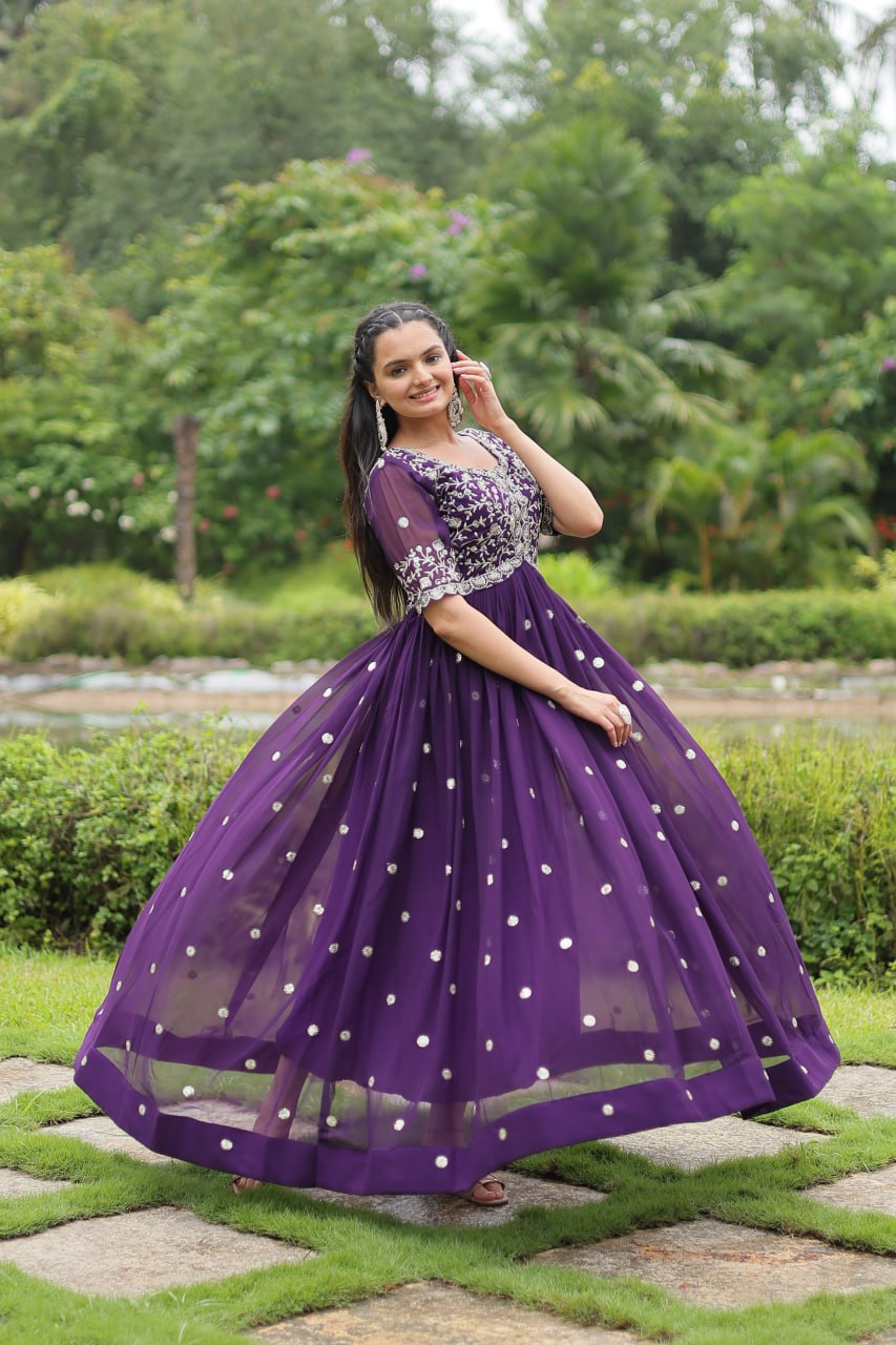 Purple Designer Readymade Gown with Zari-Thread & Sequins Embroidery