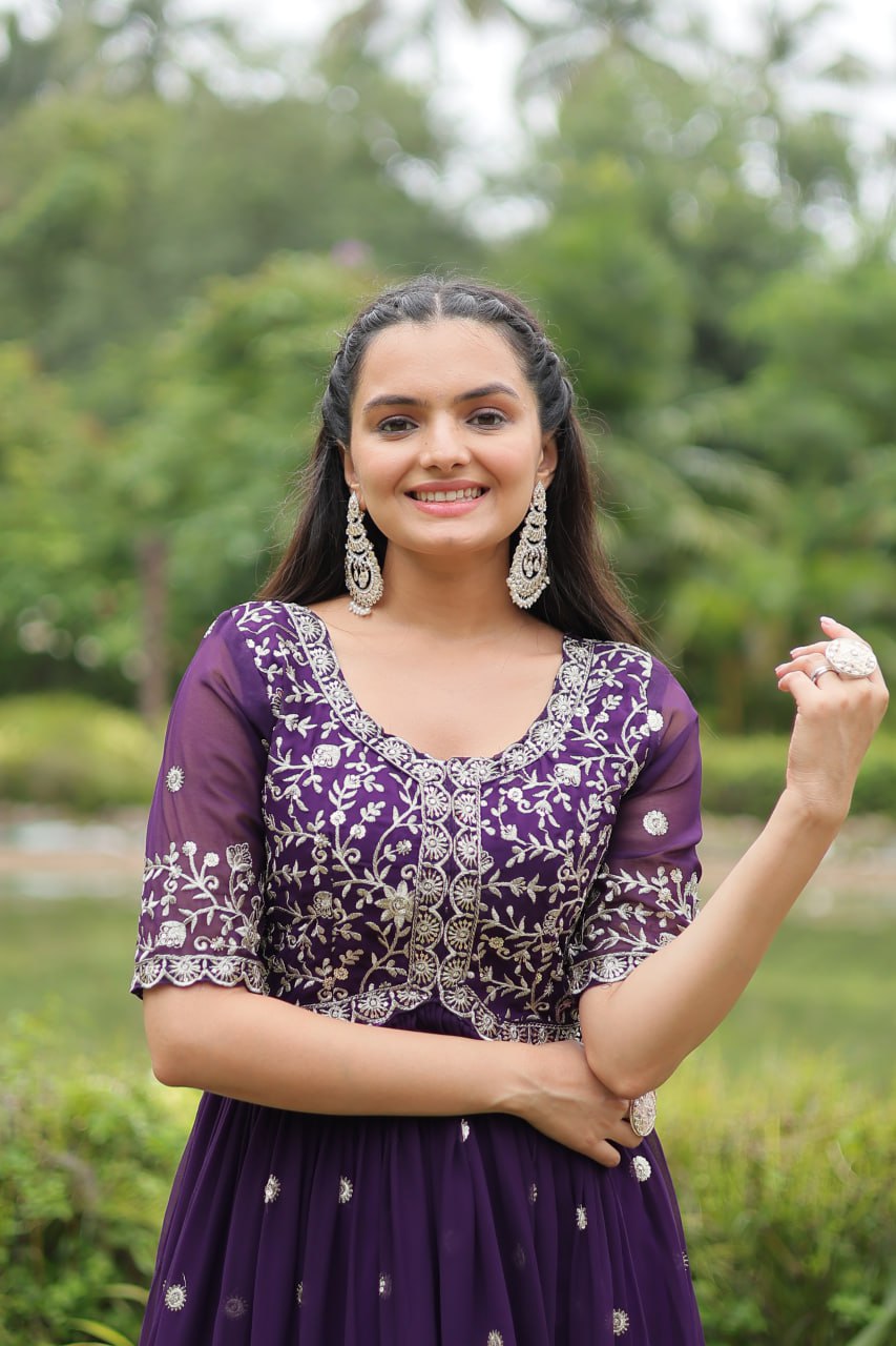Purple Designer Readymade Gown with Zari-Thread & Sequins Embroidery