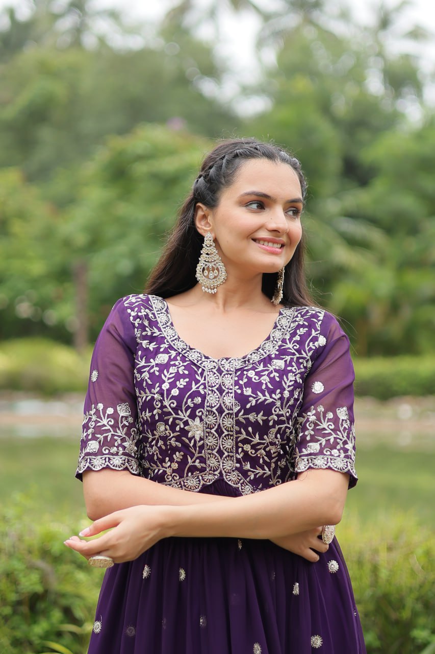 Purple Designer Readymade Gown with Zari-Thread & Sequins Embroidery