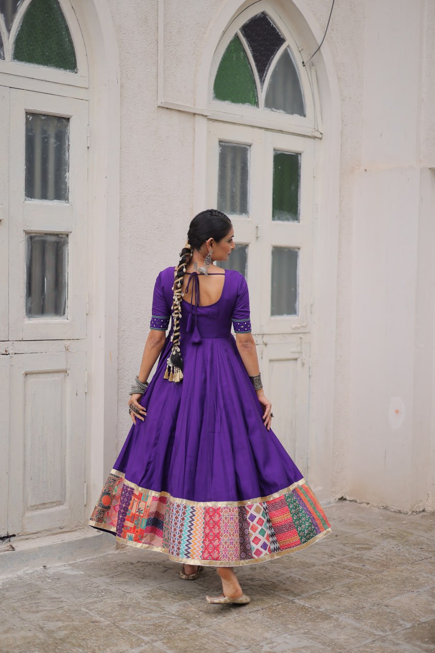 Purple Designer Roman Fabric Gown with Multicolor Thread, Mirror & Maslin Crochet Work