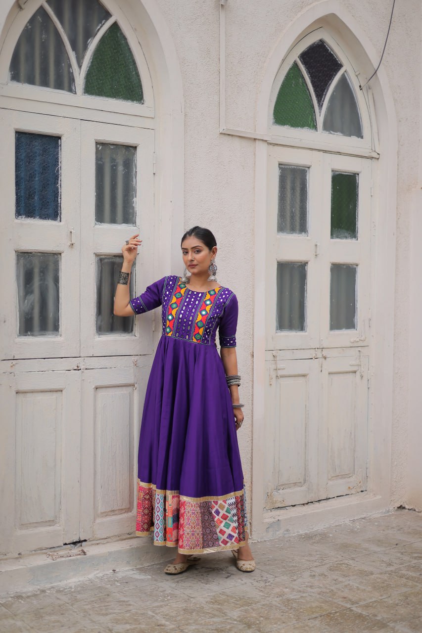 Purple Designer Roman Fabric Gown with Multicolor Thread, Mirror & Maslin Crochet Work