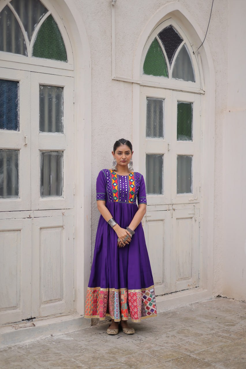 Purple Designer Roman Fabric Gown with Multicolor Thread, Mirror & Maslin Crochet Work