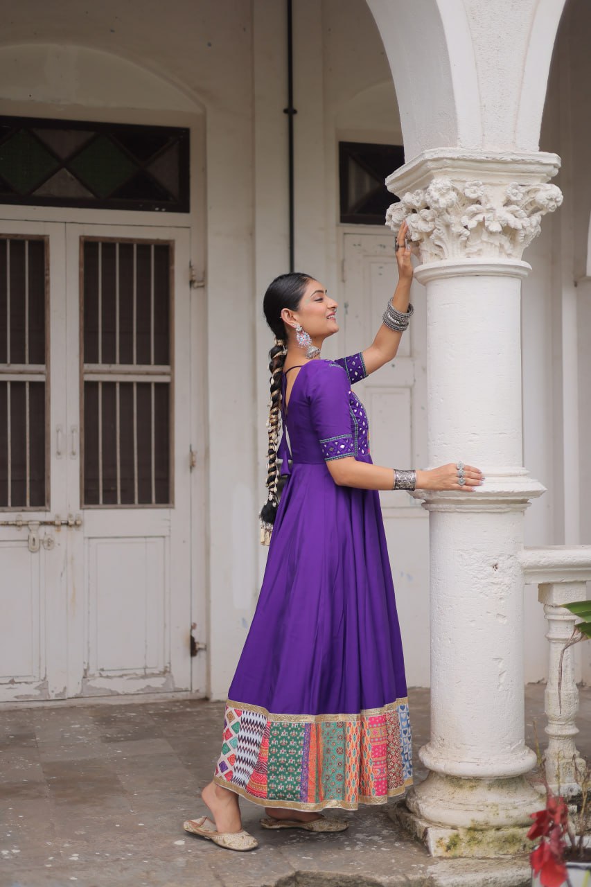 Purple Designer Roman Fabric Gown with Multicolor Thread, Mirror & Maslin Crochet Work
