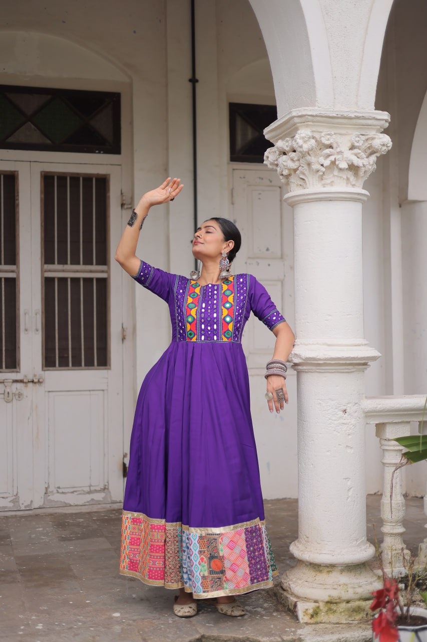 Purple Designer Roman Fabric Gown with Multicolor Thread, Mirror & Maslin Crochet Work