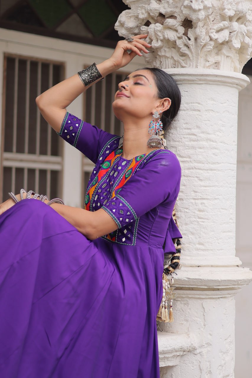 Purple Designer Roman Fabric Gown with Multicolor Thread, Mirror & Maslin Crochet Work