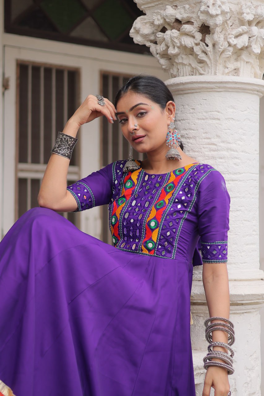 Purple Designer Roman Fabric Gown with Multicolor Thread, Mirror & Maslin Crochet Work