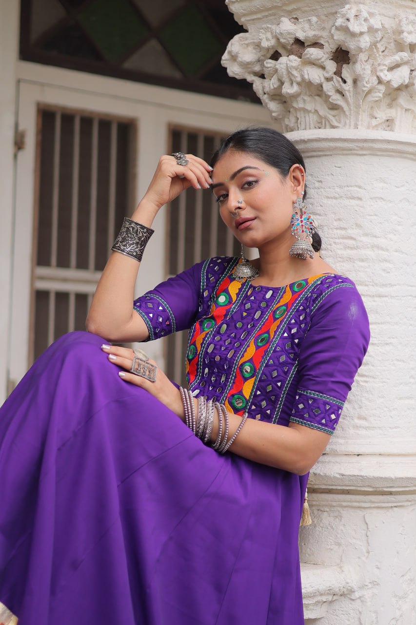 Purple Designer Roman Fabric Gown with Multicolor Thread, Mirror & Maslin Crochet Work