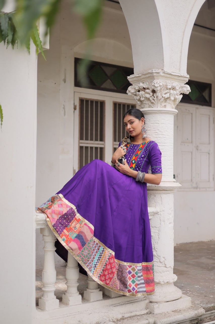 Purple Designer Roman Fabric Gown with Multicolor Thread, Mirror & Maslin Crochet Work