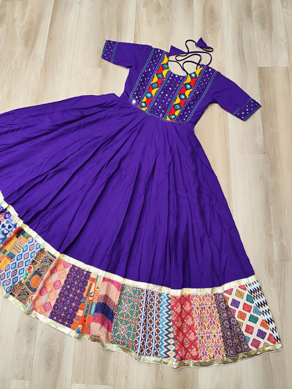 Purple Designer Roman Fabric Gown with Multicolor Thread, Mirror & Maslin Crochet Work