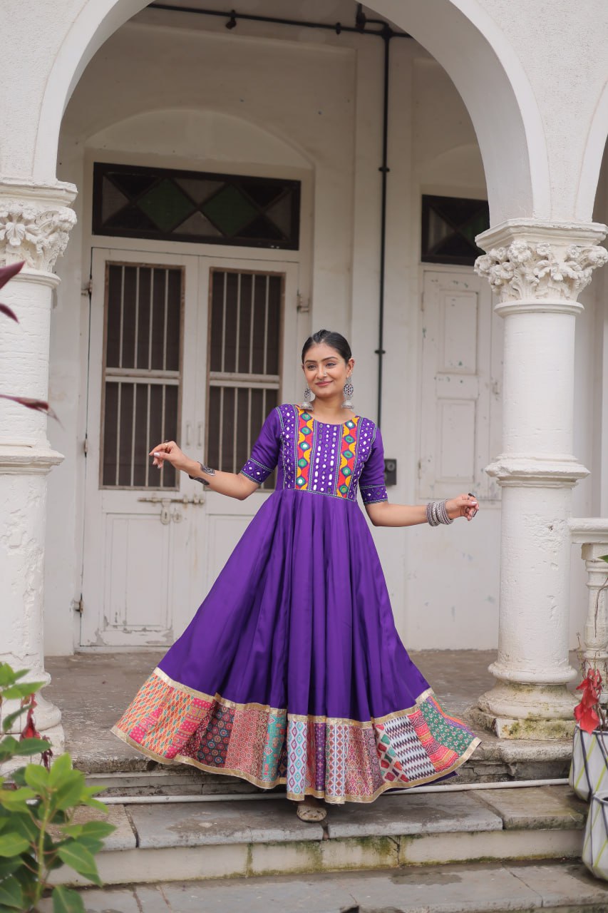 Purple Designer Roman Fabric Gown with Multicolor Thread, Mirror & Maslin Crochet Work