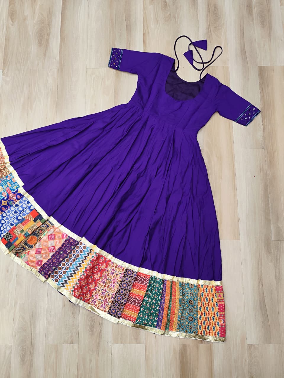 Purple Designer Roman Fabric Gown with Multicolor Thread, Mirror & Maslin Crochet Work