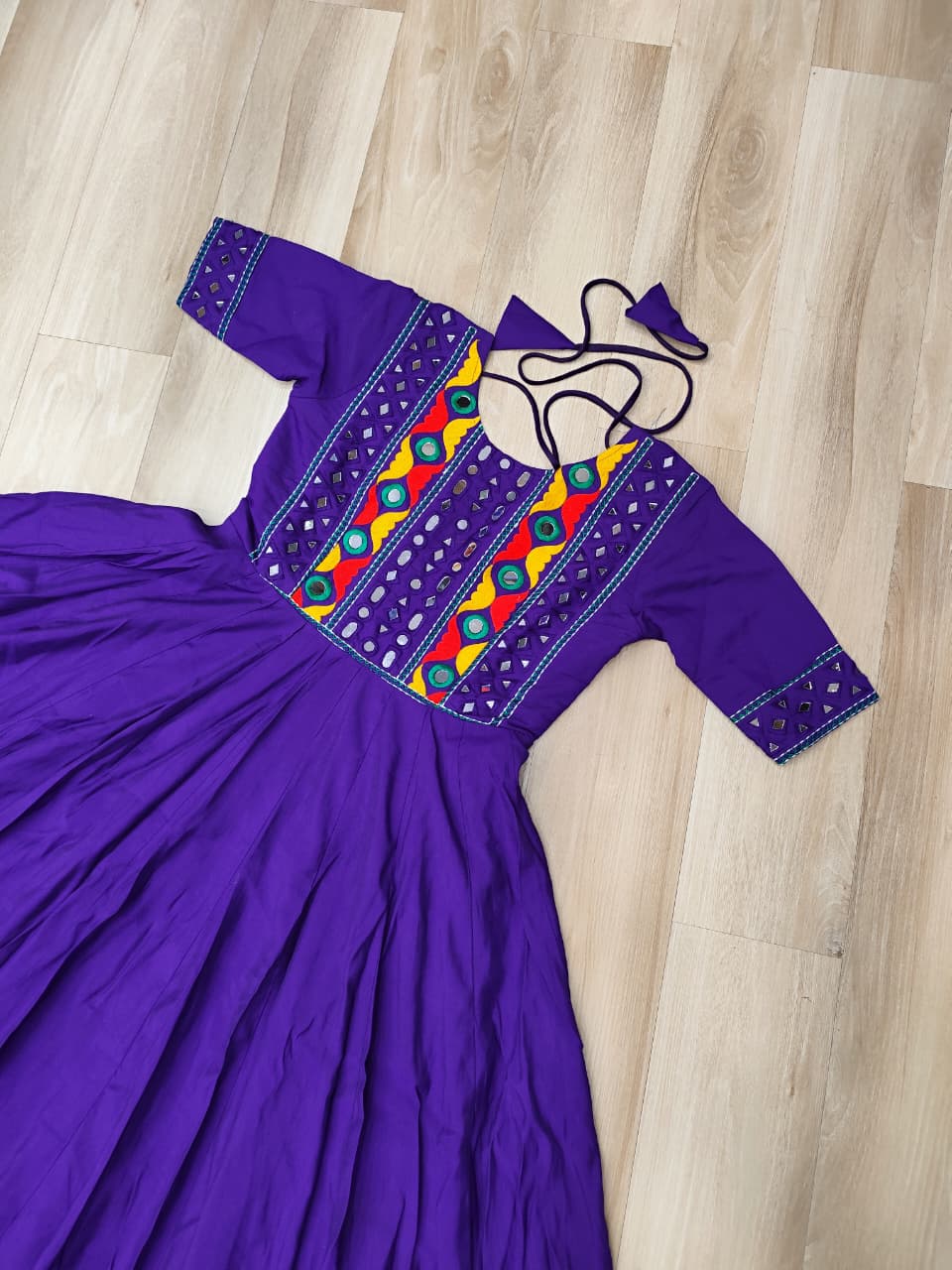 Purple Designer Roman Fabric Gown with Multicolor Thread, Mirror & Maslin Crochet Work
