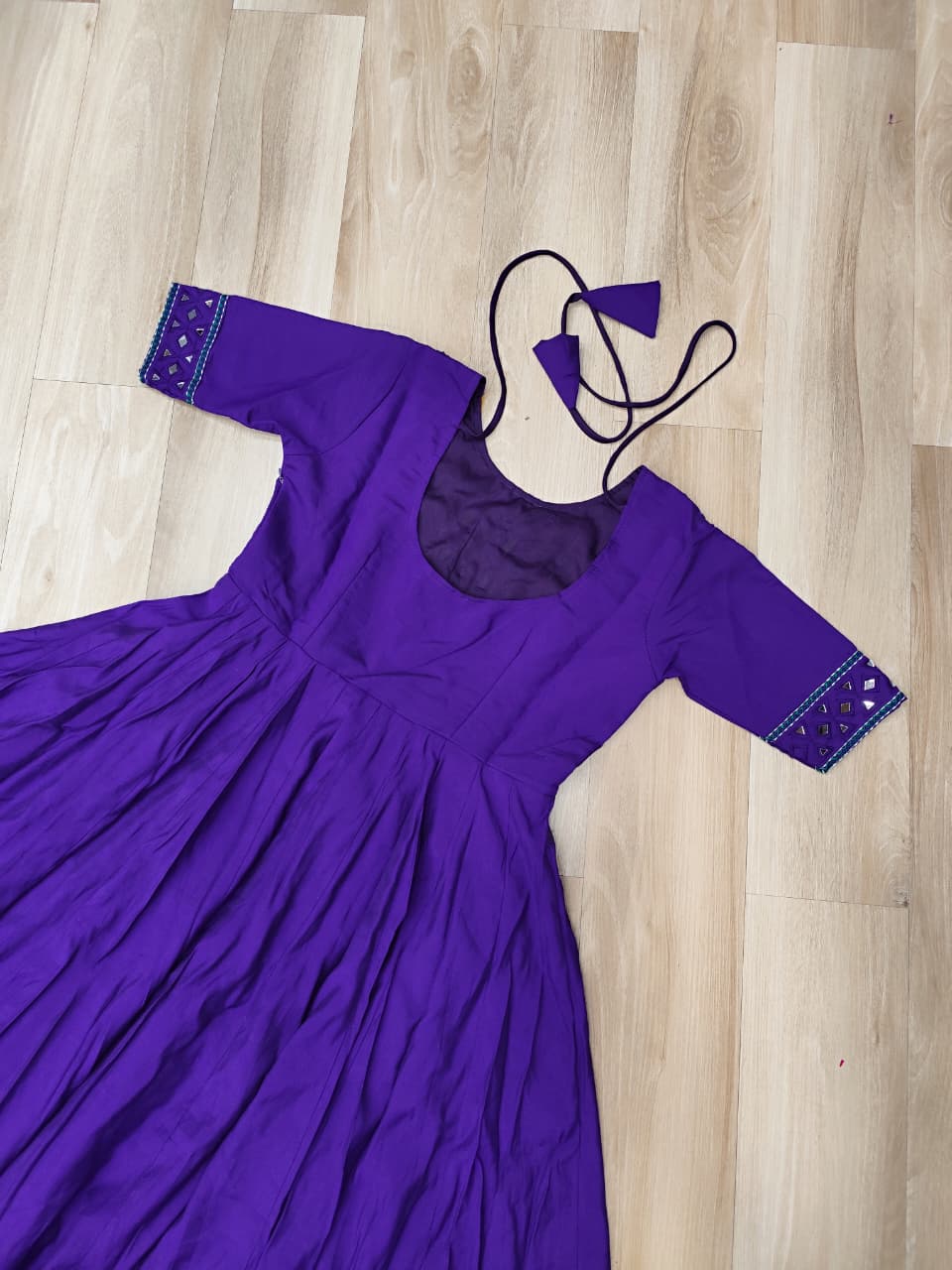 Purple Designer Roman Fabric Gown with Multicolor Thread, Mirror & Maslin Crochet Work