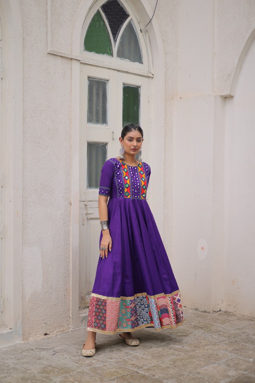 Purple Designer Roman Fabric Gown with Multicolor Thread, Mirror & Maslin Crochet Work