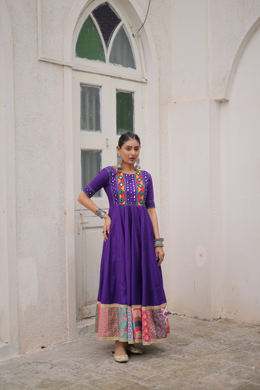 Purple Designer Roman Fabric Gown with Multicolor Thread, Mirror & Maslin Crochet Work