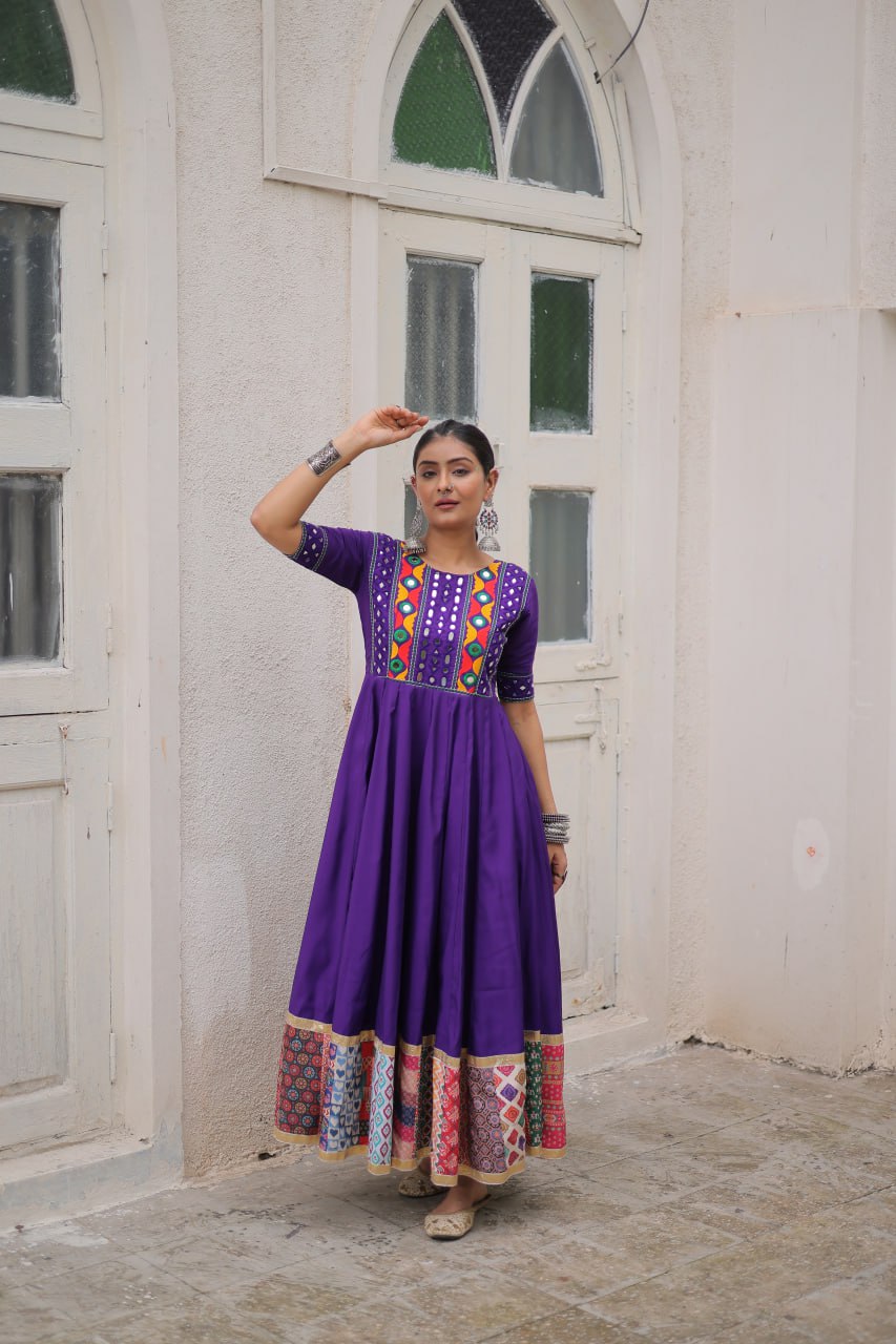 Purple Designer Roman Fabric Gown with Multicolor Thread, Mirror & Maslin Crochet Work