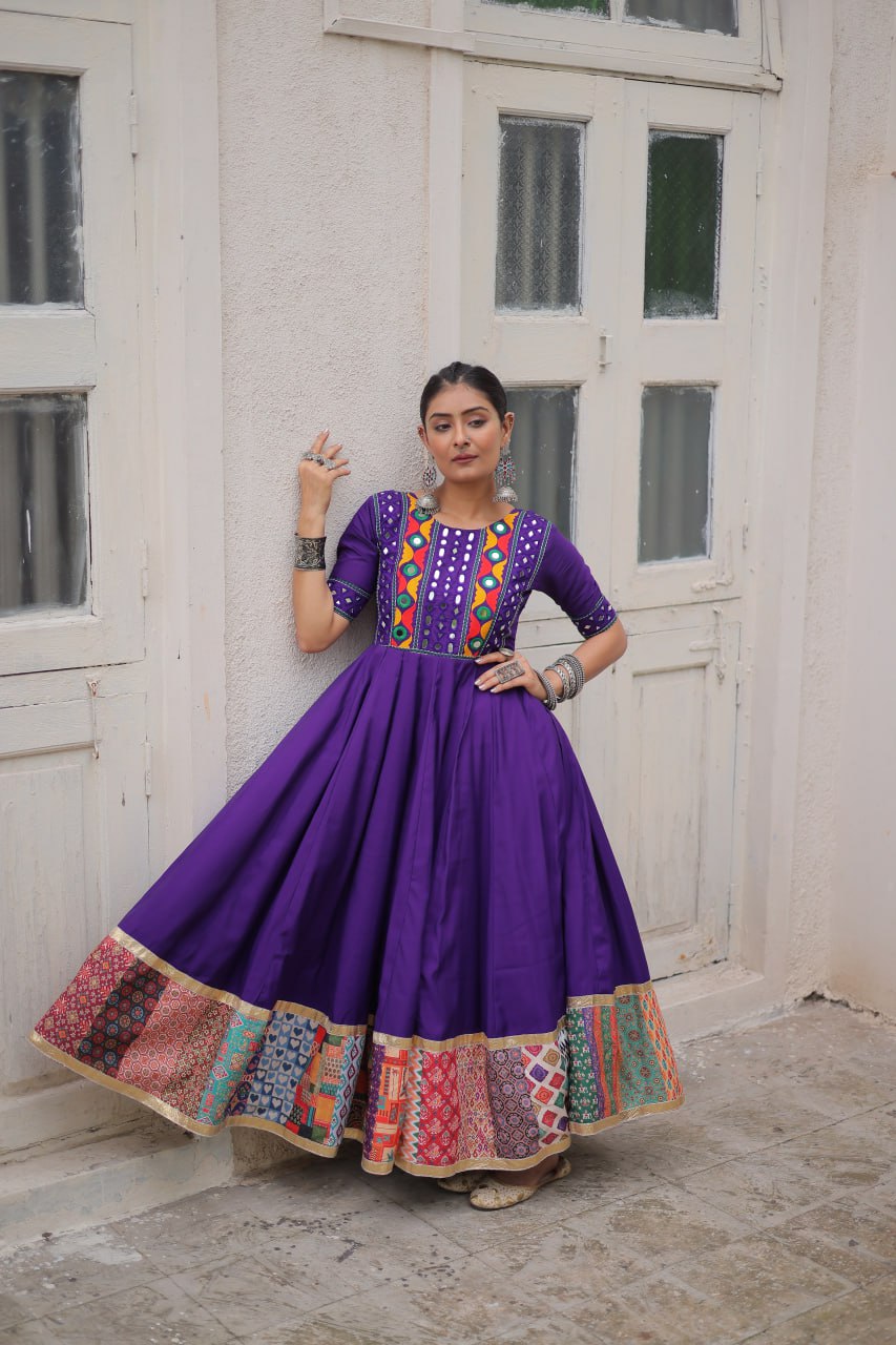Purple Designer Roman Fabric Gown with Multicolor Thread, Mirror & Maslin Crochet Work