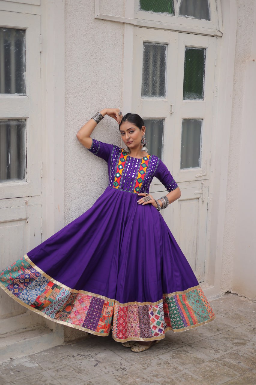 Purple Designer Roman Fabric Gown with Multicolor Thread, Mirror & Maslin Crochet Work