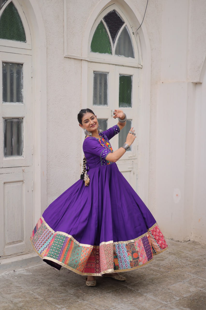 Purple Designer Roman Fabric Gown with Multicolor Thread, Mirror & Maslin Crochet Work