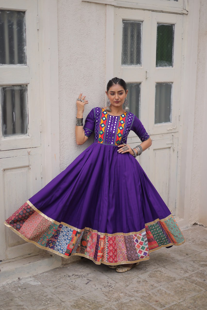 Purple Designer Roman Fabric Gown with Multicolor Thread, Mirror & Maslin Crochet Work