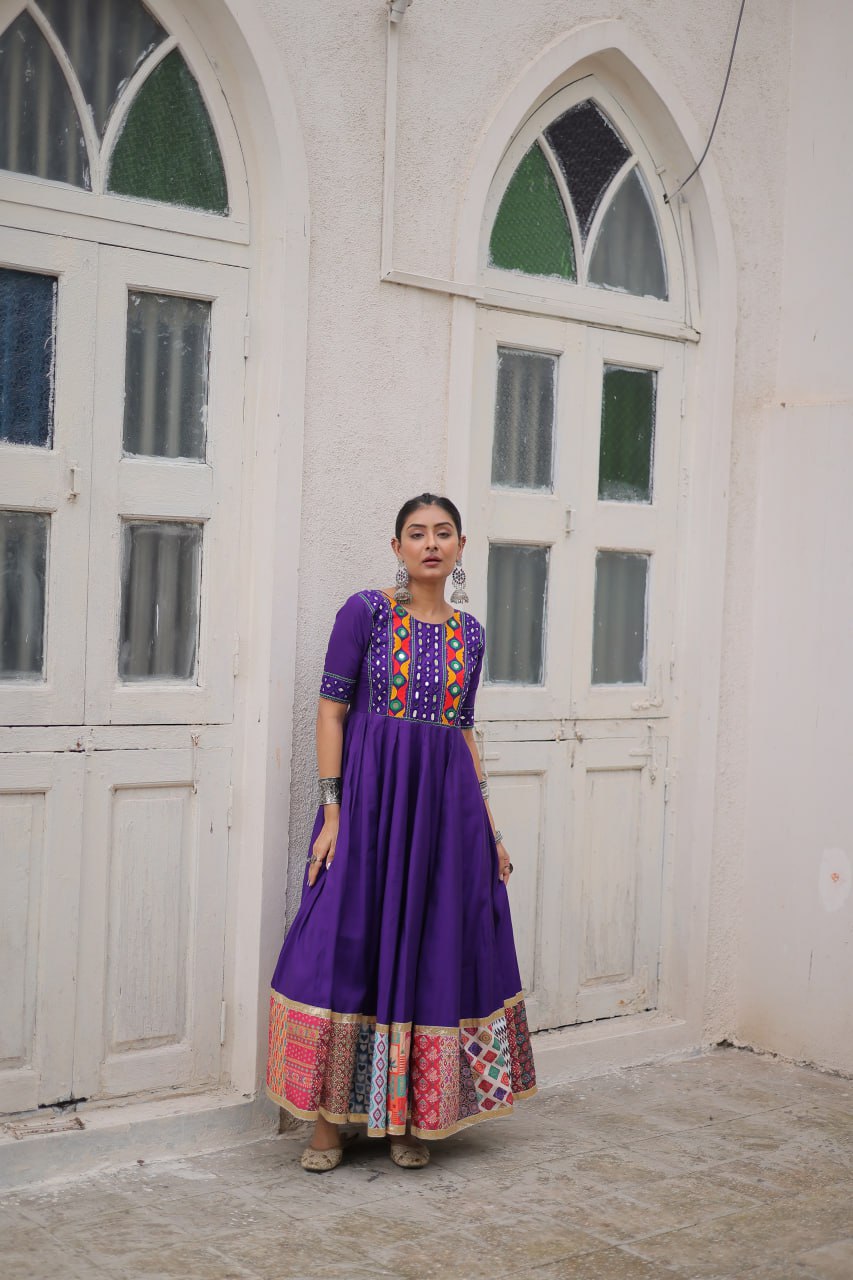Purple Designer Roman Fabric Gown with Multicolor Thread, Mirror & Maslin Crochet Work