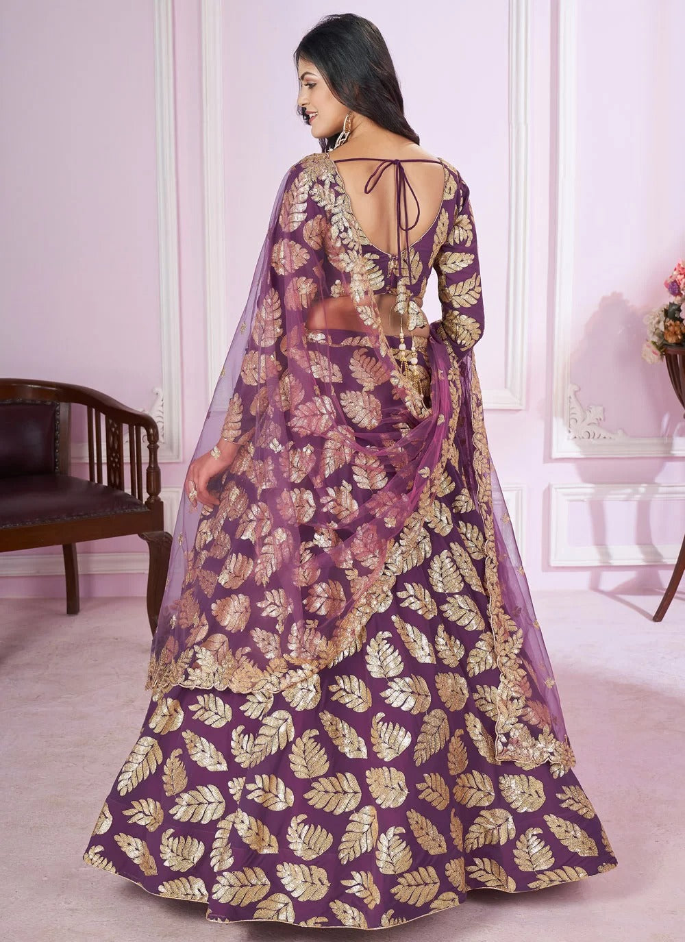 Designer purple georgette sangeet lehenga with sequins zari embroidery