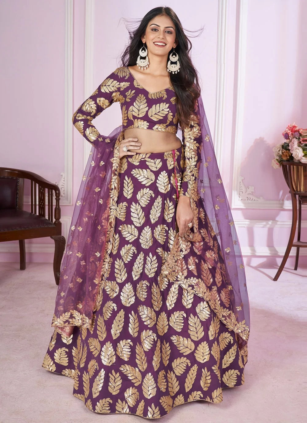 Designer purple georgette sangeet lehenga with sequins zari embroidery
