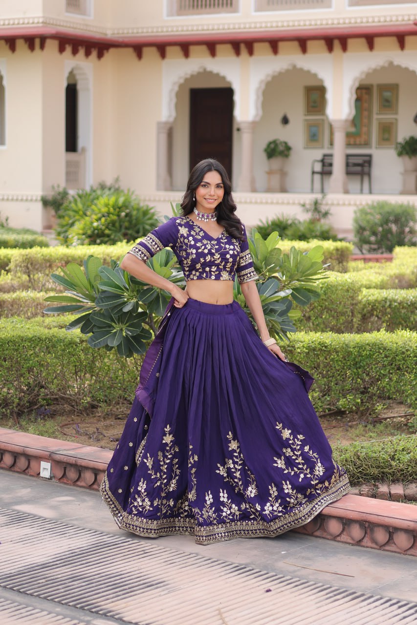 Purple Designer Vichitra Silk Sequins & Zari Embroidered Lehenga Choli Set with Matching Dupatta – Fully Stitched Festive & Wedding Wear Ensemble