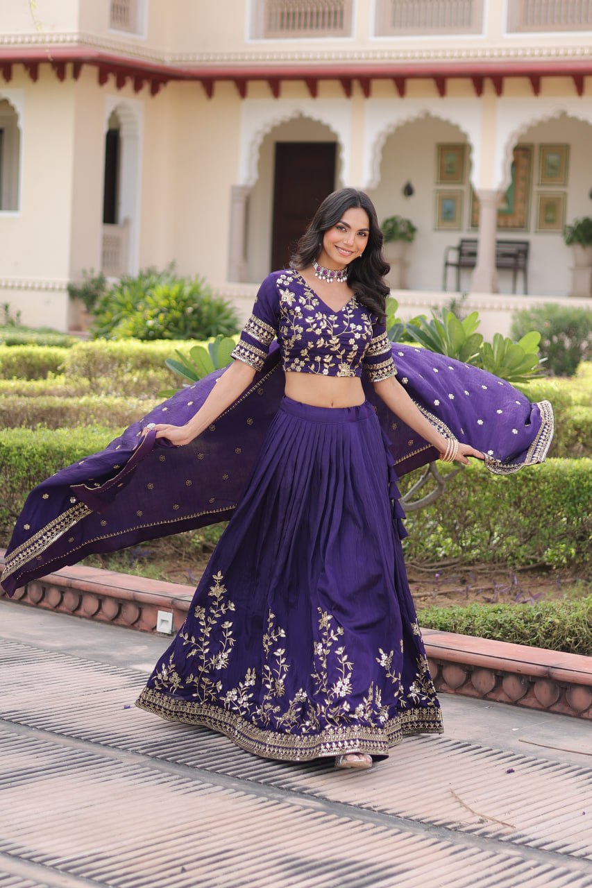 Purple Designer Vichitra Silk Sequins & Zari Embroidered Lehenga Choli Set with Matching Dupatta – Fully Stitched Festive & Wedding Wear Ensemble
