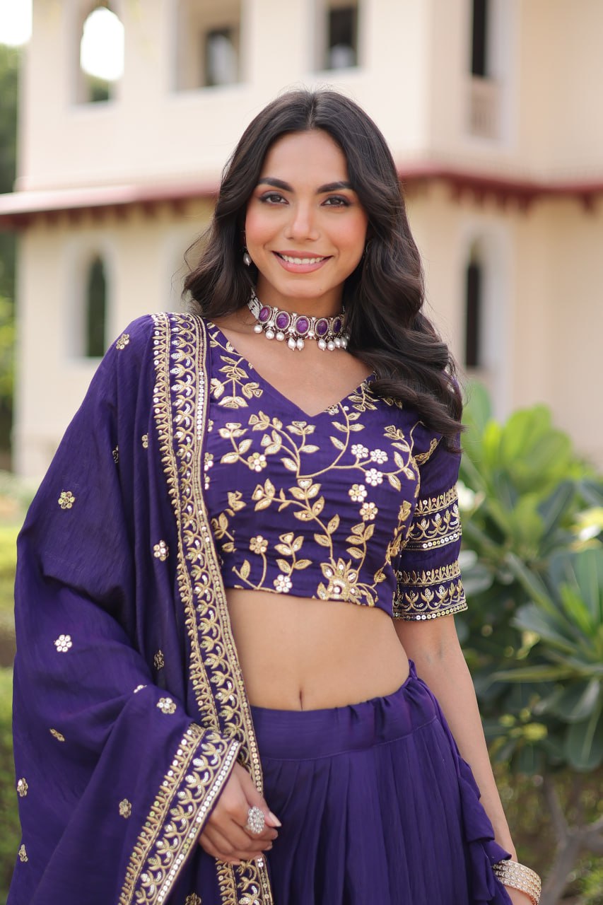 Purple Designer Vichitra Silk Sequins & Zari Embroidered Lehenga Choli Set with Matching Dupatta – Fully Stitched Festive & Wedding Wear Ensemble
