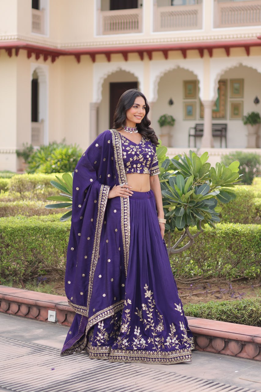 Purple Designer Vichitra Silk Sequins & Zari Embroidered Lehenga Choli Set with Matching Dupatta – Fully Stitched Festive & Wedding Wear Ensemble