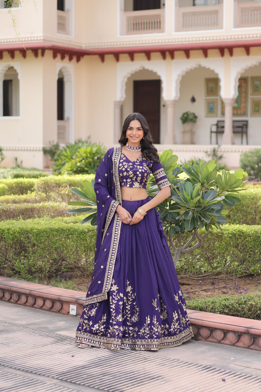 Purple Designer Vichitra Silk Sequins & Zari Embroidered Lehenga Choli Set with Matching Dupatta – Fully Stitched Festive & Wedding Wear Ensemble